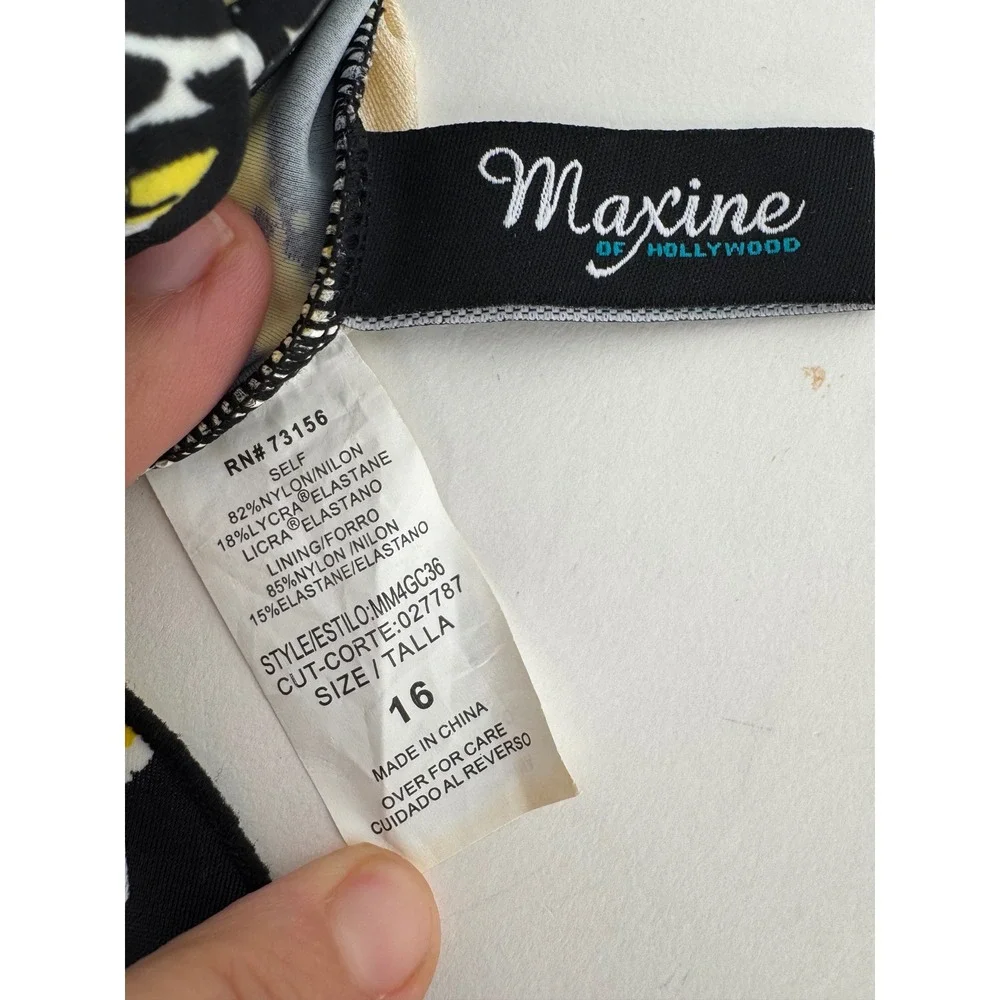 Maxine of Hollywood Womens Sz 16 Yellow Black Floral V-Neck Faux Wrap Swimsuit